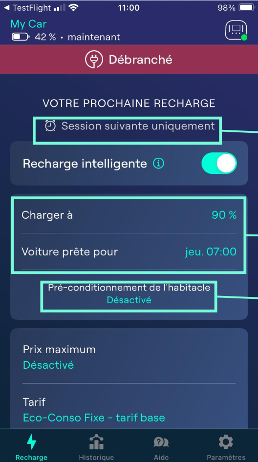 Comment configurer le mode de recharge de ma borne électrique Ohme ePod S sur l’application Ohme à Albi (81) ?
